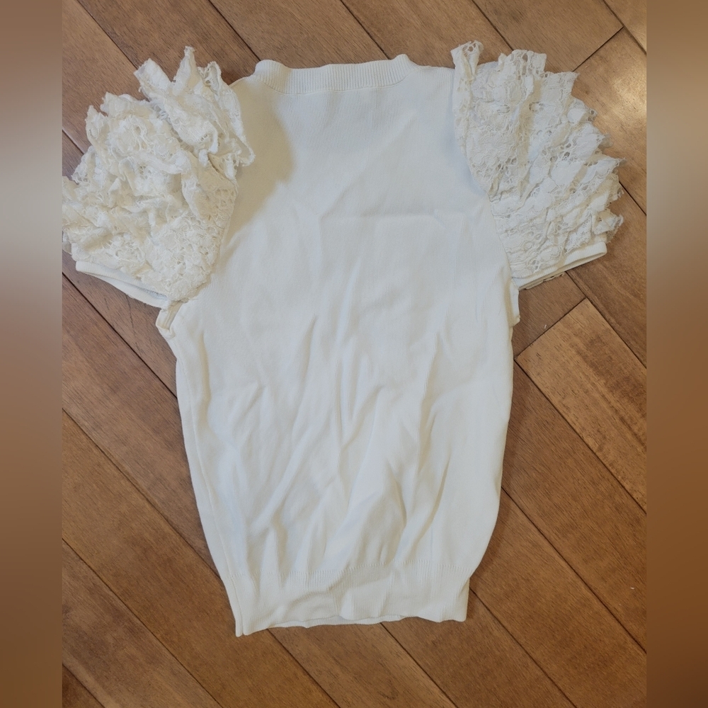 ZARA Cream Knit Top Lace Ruffle Short Sleeve Size S - Picture 4 of 4